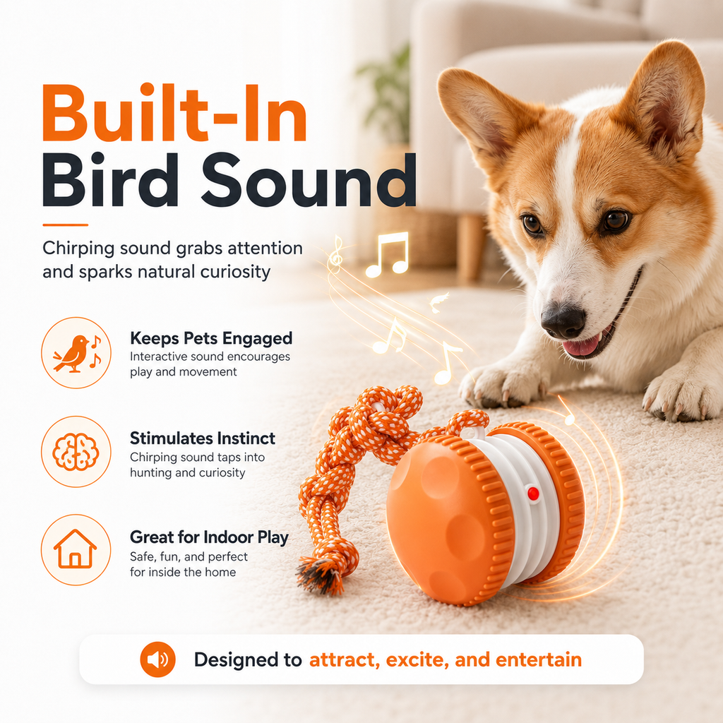 Rechargeable Smart Rolling Pet Ball with Tug Rope &amp; Bird Sound