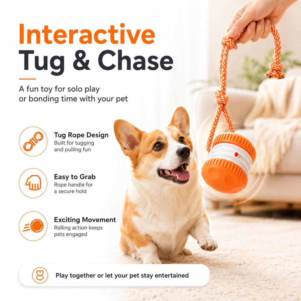 Rechargeable Smart Rolling Pet Ball with Tug Rope &amp; Bird Sound