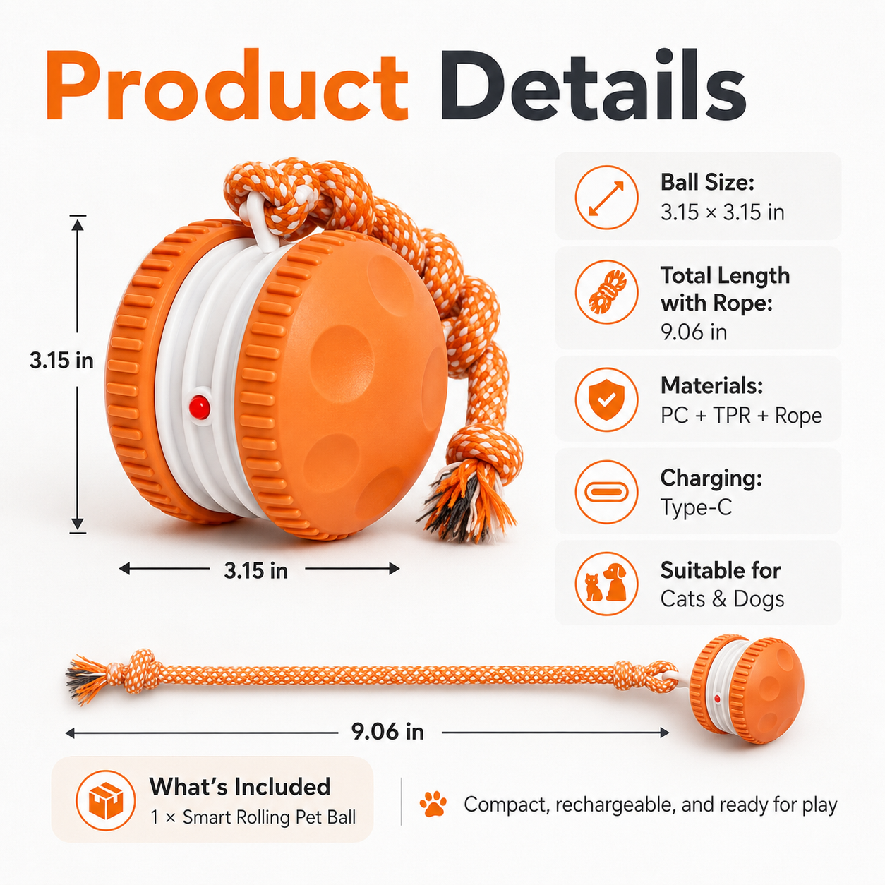 Rechargeable Smart Rolling Pet Ball with Tug Rope &amp; Bird Sound