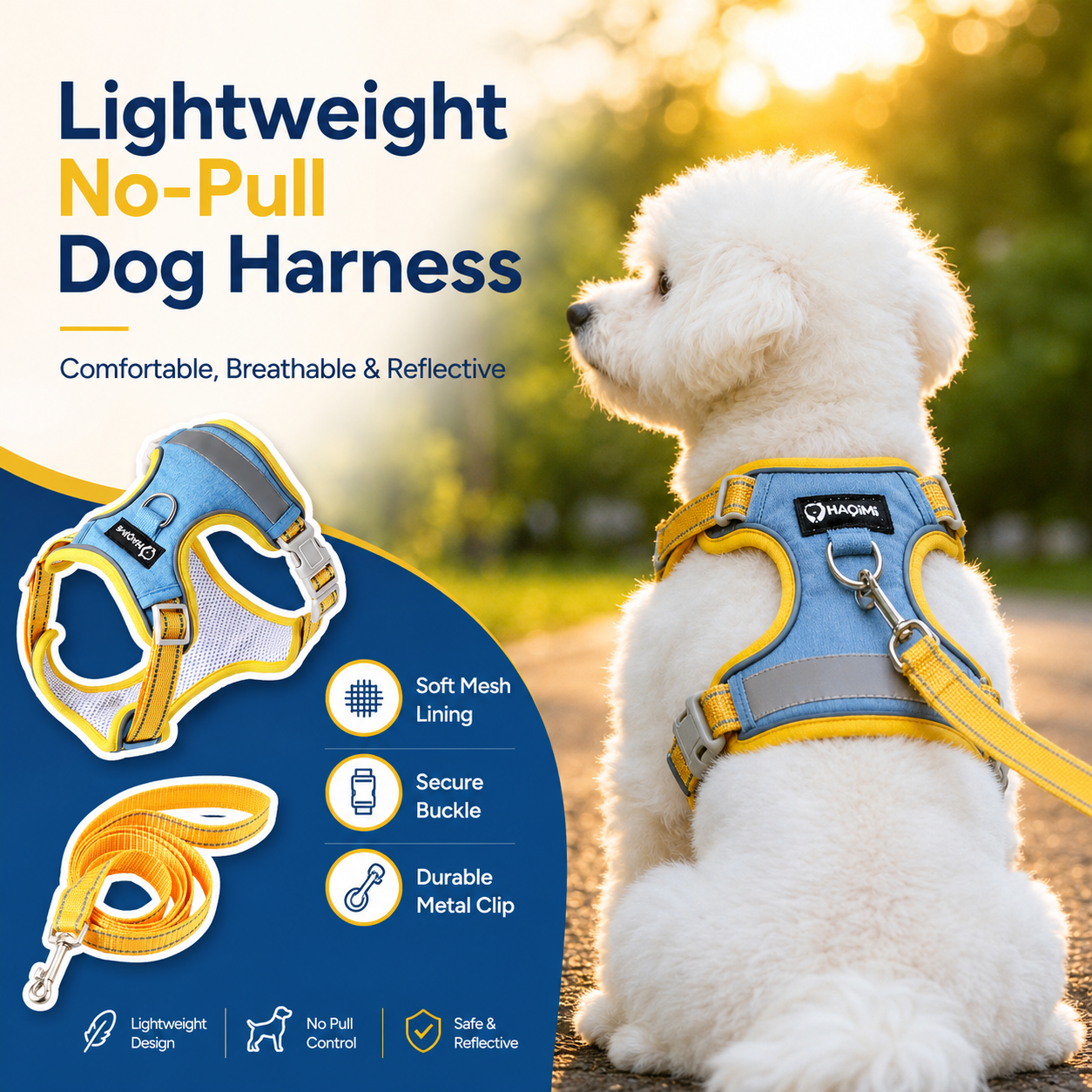 Reflective Denim No-Pull Dog Harness &amp; Leash Set